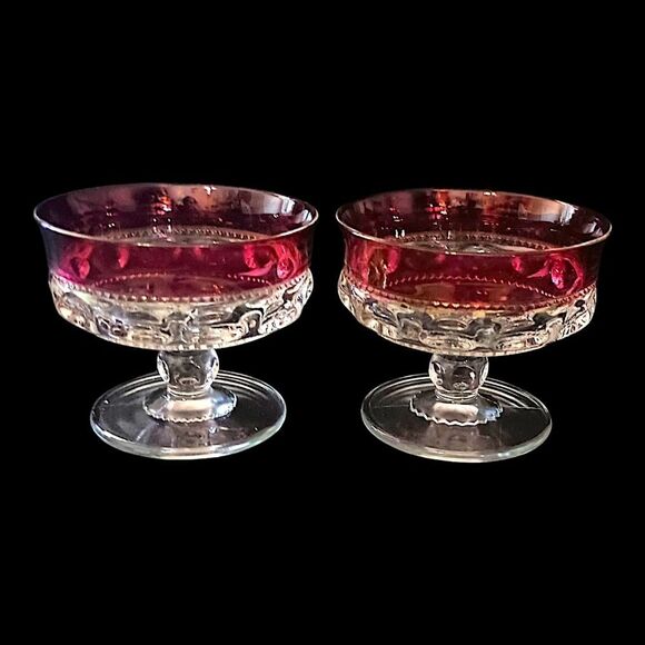 2 Kings Crown Thumbprint Sherbet Dishes Dish Set Ruby Red Flash Indiana Glass - Picture 6 of 16